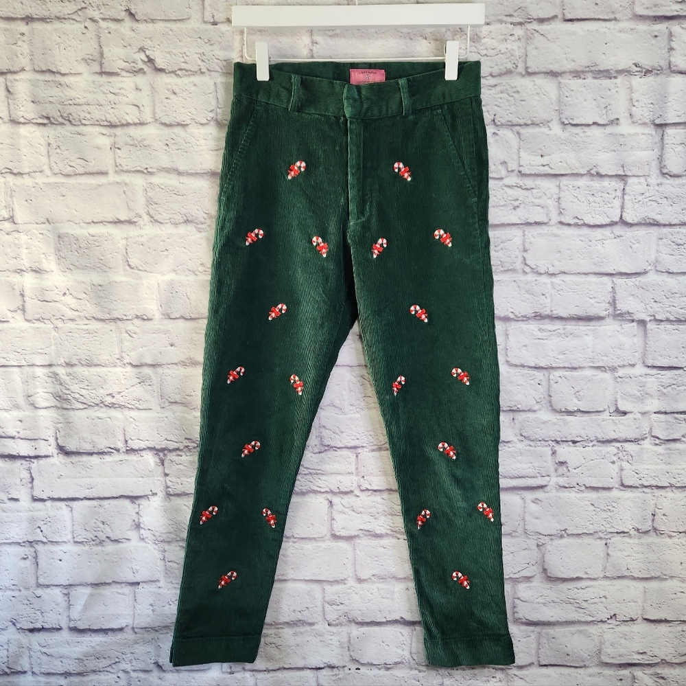 Castaway Bachcomber Stretch Corduroy Ankle Capri Pant Green Candy Canes Sz 2